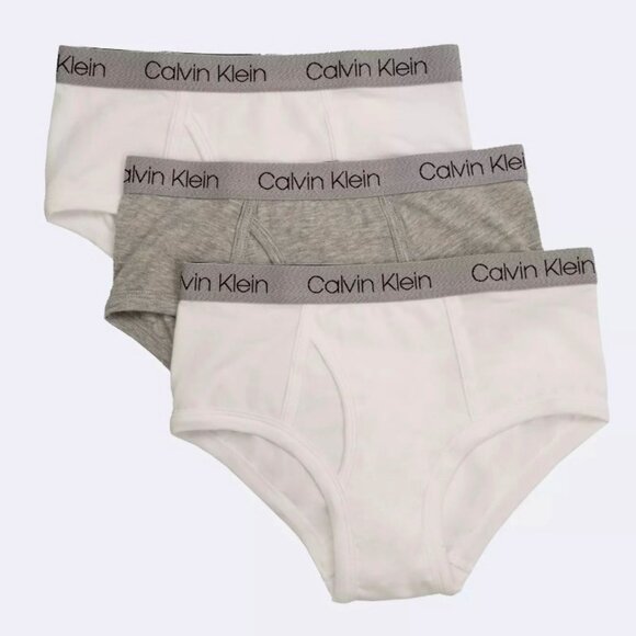 NWT - Calvin Klein Boys Cotton Stretch Logo 3-Pack Brief, White/Grey - L (12/14) - Picture 1 of 7